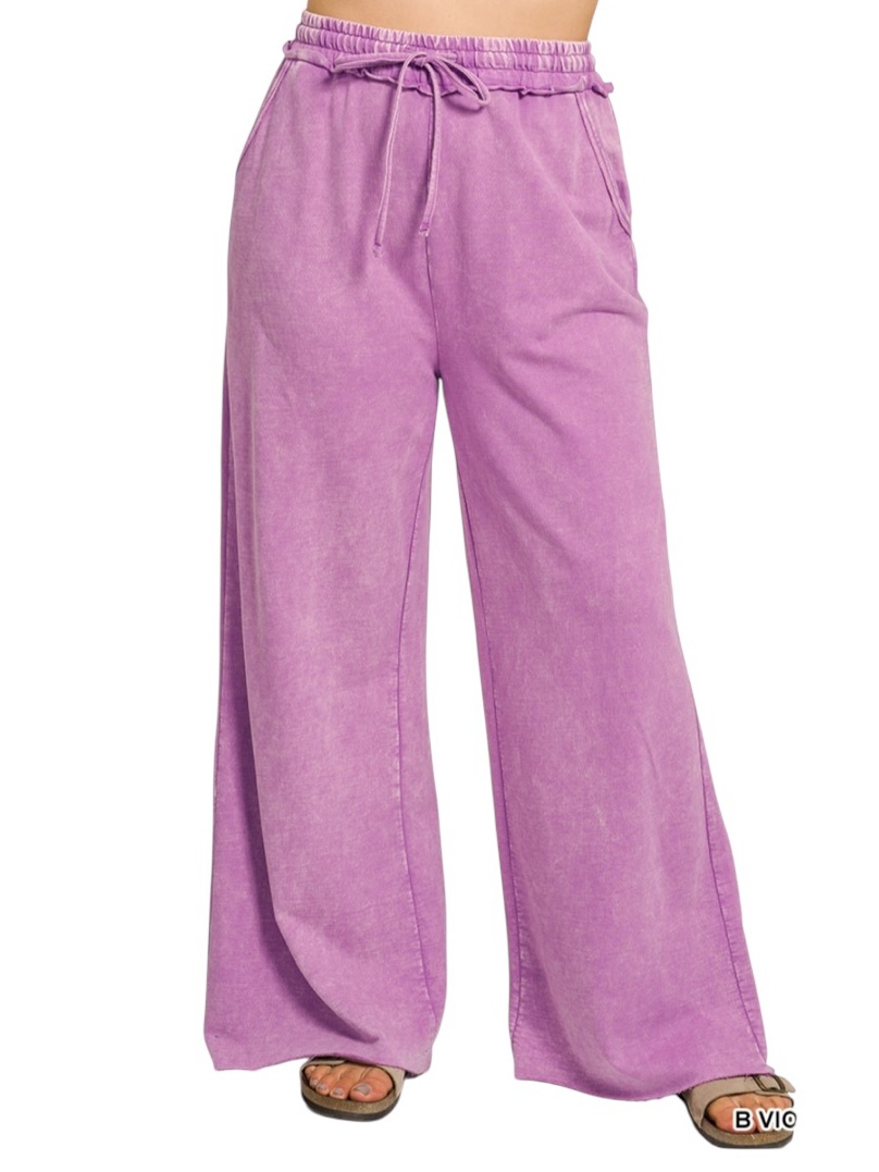 Zenana Violet Wash Cotton French Terry Wide Leg Pants